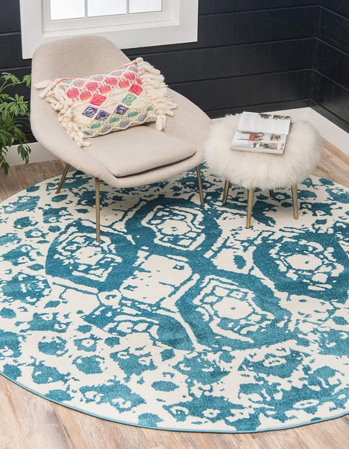 Unique Loom Rosso Collection Vintage Traditional Distressed Blue Round Rug (3' 3 x 3' 3)