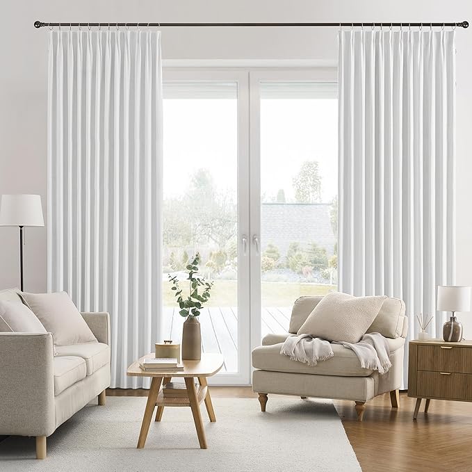 RAIN CITY Room Darkening Curtains 144 Inches Long 12 FT Back Tab Extra Long Solid Linen Textured Drapes for Living Room/Bedroom Wall Tall Curtains High Ceiling Long 2 Story Snow White