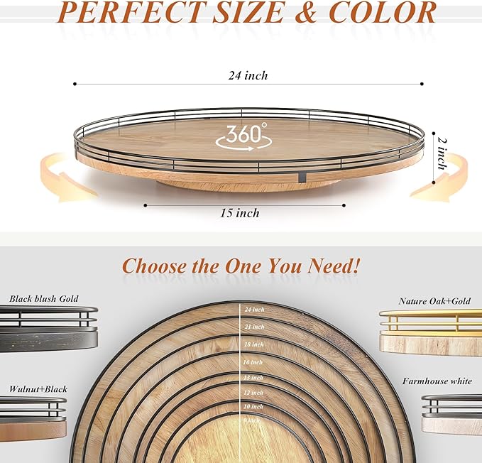 24" Lazy Susan Oak Wood Turntable Organizer for Cabinet, Farmhouse Round Wooden Large Lazy Susan Organization and Storage for Dining Table, Pantry, Kitchen, Countertop, Cupboard, Home Decor