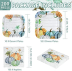 Grencian 200Pcs Fall Plates and Napkins Square Blue Pumpkins Plate Thanksgiving Paper Plates Pumpkin Wood Grain Dinnerware for Baby Shower Fall Harvest Family Thanksgiving Party Decorations, Serves 50