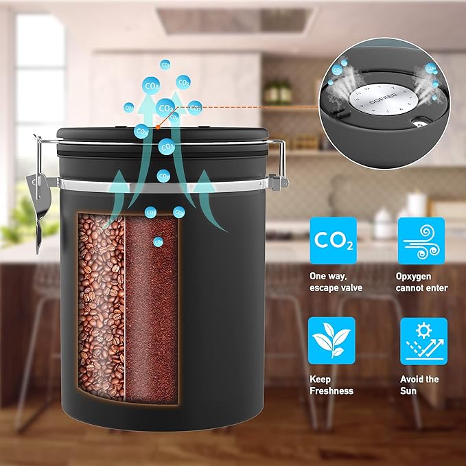 Coffee Canister for ground coffee with Transparent Window,Date Tracker CO2 Valve 304 Stainless Steel Kitchen Food Airtight storage container for Coffee Beans or Grounds, Tea, Sugar(black 22OZ)