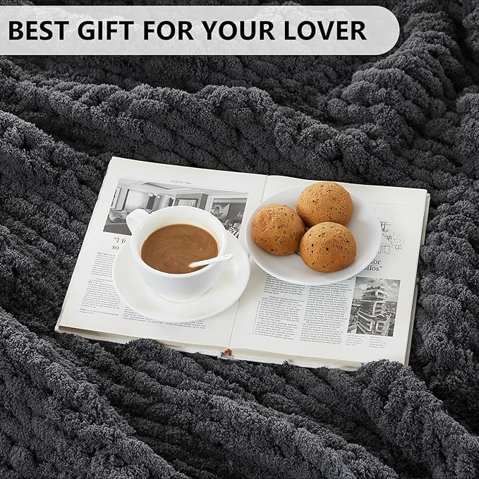 L'AGRATY Chunky Knit Blanket Throw - Soft Throw Blanket 60x80: 100% Hand Kintted Chenile Crochet Throw Blanket for Couch - Large Cable Knit Blanket for Home Decor(Dark Grey)