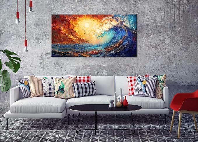 LASMOND Abstract Ocean Wall Art for Living Room Beautiful Blue Sea Wave Seawater Colorful Sky Landscape Wall Art Decor Artwork Bedroom Office (40 x 20 Inches)