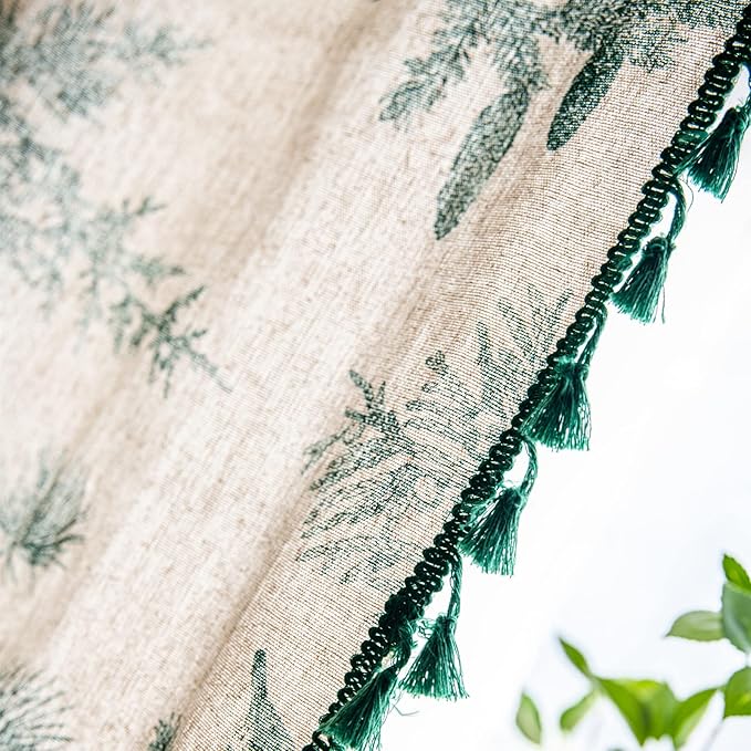Sutuo Home Boho Curtain 84 Inches Length for Bedroom, Printed Cotton Linen Rod Pocket Semi Blackout Farmhouse Bohemian Tassels Window Treatment for Living Room, 1 Panel 59" W x 84" L, Green Forest