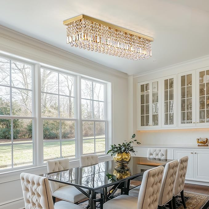 Rectangle Chandelier 8-Light Crystal Chandeliers, Modern Dining Room Light Fixture Luxury Gold Rectangular Flush Mount Chandelier Ceiling Light for Dining Room Living Room Kitchen Island Bar L40 Inch