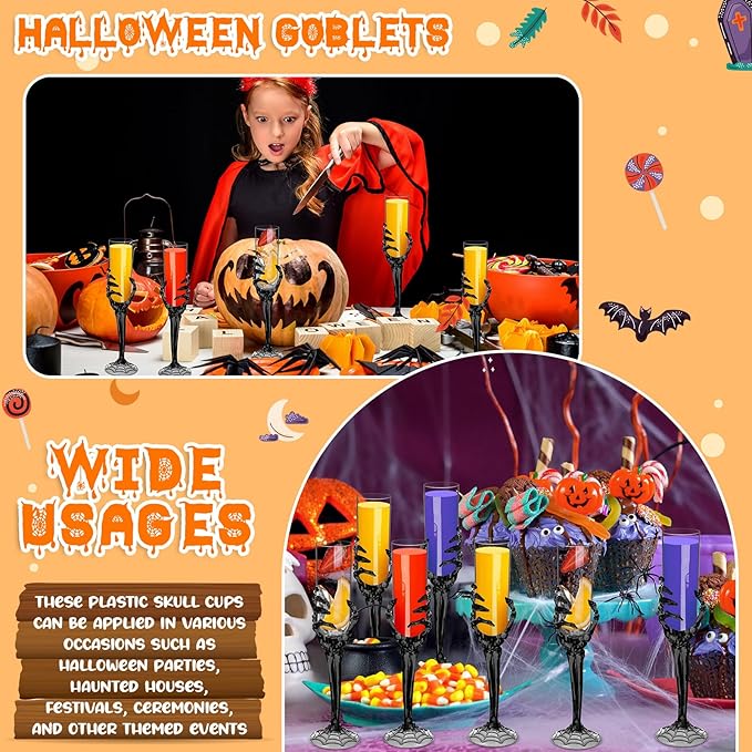 Bokon 48 Pcs Halloween Champagne Flutes Bulk Plastic Stemware Halloween Skeleton Hand Plastic Goblets Creepy Champagne Flute for Party Decoration(Black)