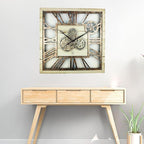 The Gears Clock 24'' Inch Square Real Moving Gear Wall Clock Vintage Industrial Oversized Rustic Farmhouse (Desert Beige)