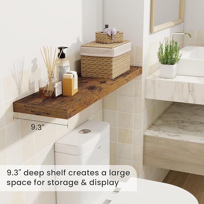 36 Inch Floating Shelves, 9.3 Inch Deep Rustic Wall Shelves - Extra Deeper Wall Mounted Storage Shelves for Bathroom, Kitchen, Living Room (Brown, Set of 2)