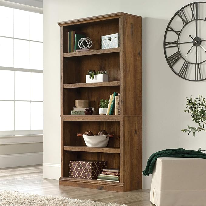 Sauder 5 Tier Book Shelf Wooden Bookcase Multipurpose Bookshelf for Home Office, Living Room, in Vintage Oak