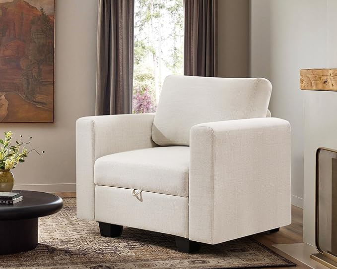 38.5 Oversized Accent Chair with Storage Beige, Single Modern Accent Sofa Chair with Arms for Apartment Living Room Linen(21" Deep Seat)