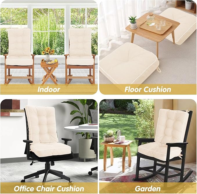 YZ HOME Rocking Chair Cushion, Set of Thicken Seat & Back Chair Cushions with Memory Foam, Non-Slip Chair Pad with Ties for for Indoor&Outdoor Rocker, Beige, 28 * 18 * 5/18x18x5