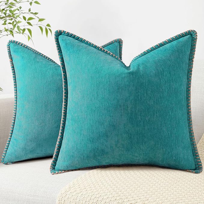 decorUhome Chenille Soft Throw Pillow Covers 24x24 Set of 2, Farmhouse Velvet Neutral Decorative Euro Pillow Covers with Stitched Edge for Couch Sofa Bed Home Decor, Turquoise