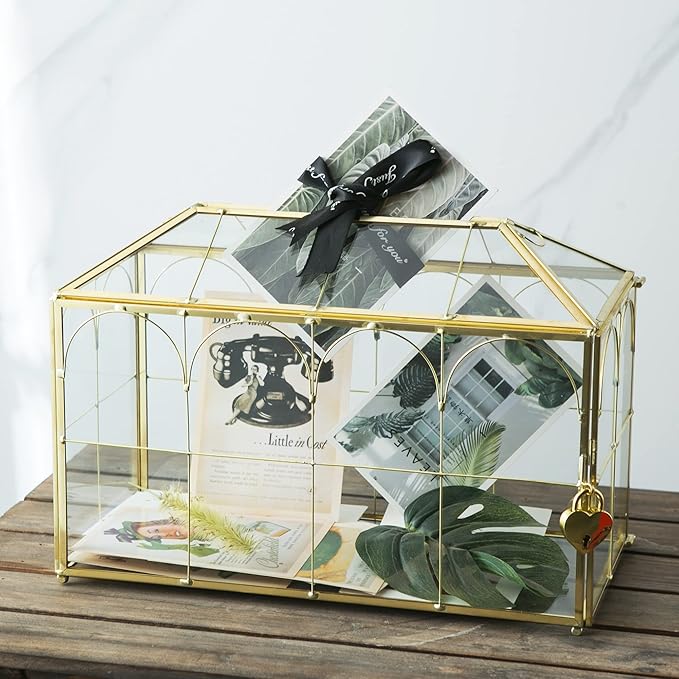 Glass Wedding Card Box with Slot, 12.6 inch Large Clear Card Box Gold Brass Gift Card Storage Box with Lock for Wedding Receptions, Baby Shower, Birthday Party, Bridal Shower