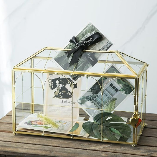 Glass Wedding Card Box with Slot, 12.6 inch Large Clear Card Box Gold Brass Gift Card Storage Box with Lock for Wedding Receptions, Baby Shower, Birthday Party, Bridal Shower