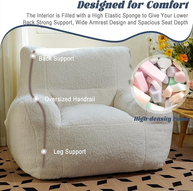 Giant Bean Bag Chair, Lambswool Bean Bag Chair for Adults, Eco-Friendly Filling Soft Bean Bag, White Been Bag for Bedroom, Living Room