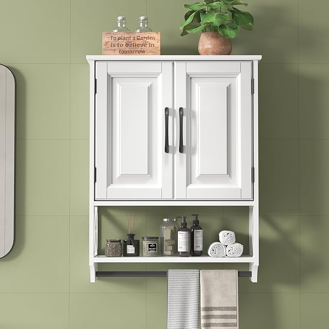 Bathroom Cabinet Wall Mounted, White Bathroom Wall Cabinets with Towel Bar and 2 Doors, Wooden Medicine Cabinet with Adjustable Shelf, Open Storage