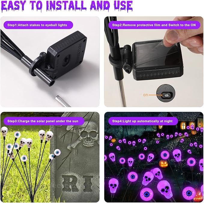 Solar Halloween Lights Outdoor, Scary Eyeball Lights, 4PACK 32LED, IP65 Waterproof, Decor for Garden/Yard/Patio/Lawn/Pathway (Purple)