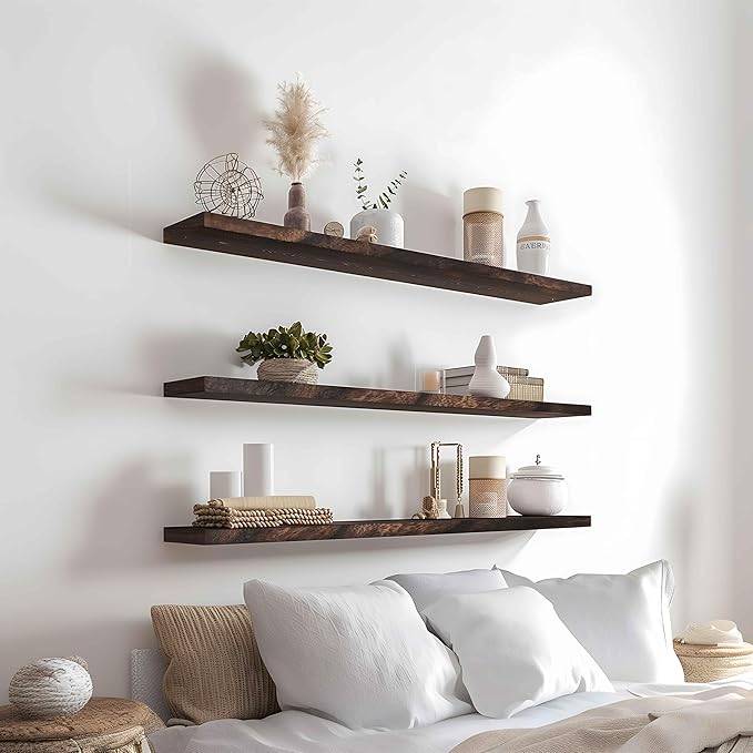 Wood Floating Shelves for Wall Decor, Rustic Wall Shelves for Bedroom Bathroom Kitchen Living Room, Set of 4 Walnut 36 Inch