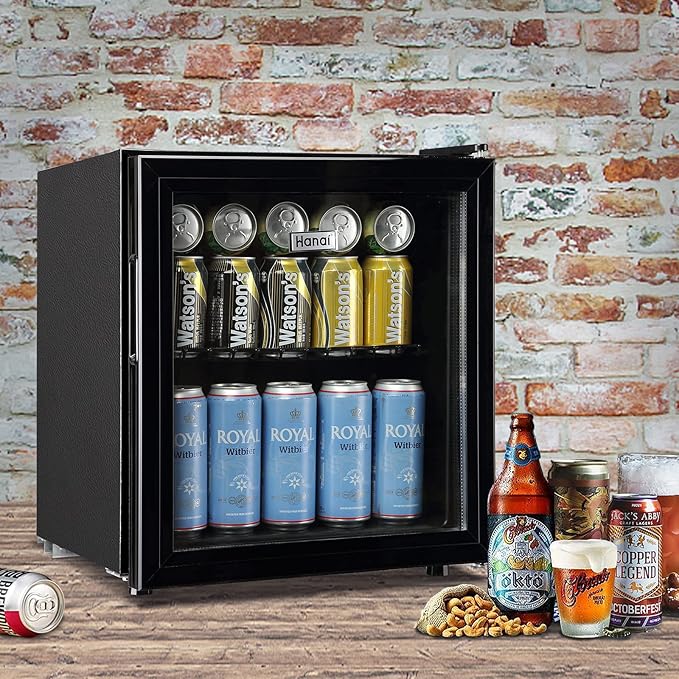 WANAI Mini Fridge Cooler 60Cans Beverage Refrigerator Glass Door Beverage Cooler for Beers Wine Juicer Adjustable Shelves LED Lights for Home, Office or Bar