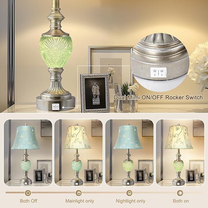 Bedside Table Lamp Set of 2 with Nightlight and USB A+C Ports, 27'' High Vintage Table Lamps with Silver Leaf Finish and Embroidered Shade, Nightstand Lamps Decor for Bedroom Living Room Home Office