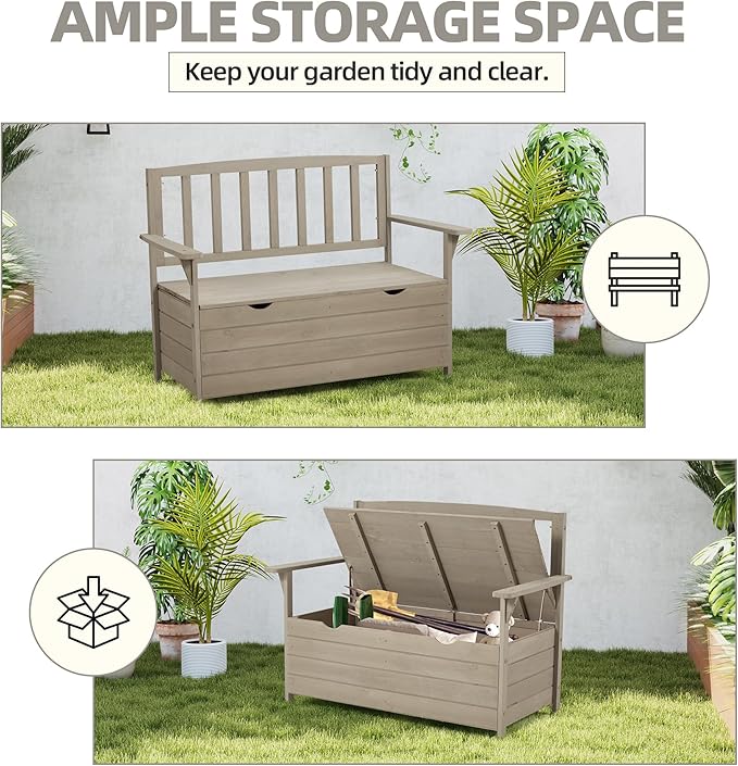 AVAWING Outdoor Storage Bench, Wooden Garden Bench Weatherproof, Patio Benches for Outside, 2-Seat Front Porch Bench, Park Bench for Deck, Lawn, Backyard (Light Gray)