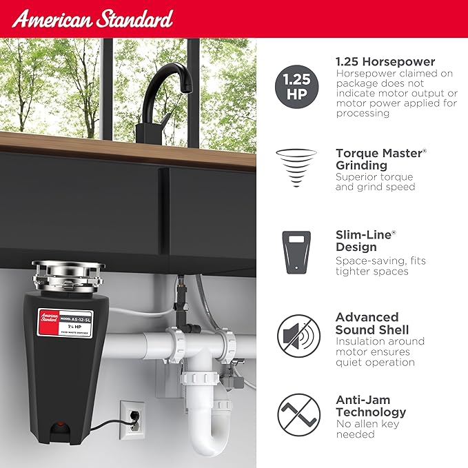 American Standard 10-US-AS-12-SL Garbage Disposal Anti-Jam Stainless Steel Food Waste Grinding System, Slim Line, 1.25 HP, Black