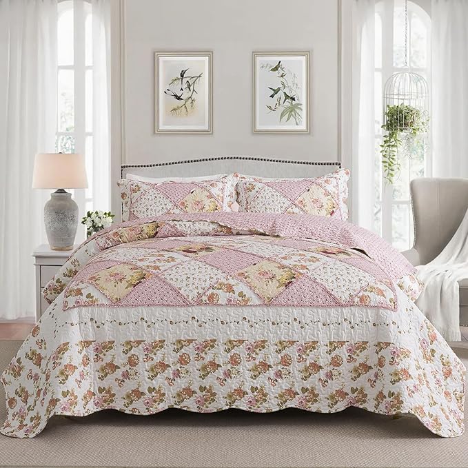 NEWLAKE Quilt Set King Size, Bedspread Sets Pink Botanical Floral, Reversible Quilt Bedding Set Lightweight and Breathable for All Seasons, Soft Quilted Bedspread with 2 Pillow Shams
