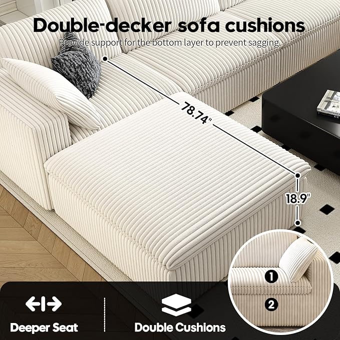 LoveSeat Cloud Couch Modular Sectional Sofa for Living Room,Modern Sofa with Deep Seat，2 Seater Boneless Couch with Ottoman,Comfy Upholstered Couches for Apartment, Studio, Office,Bedroom，White