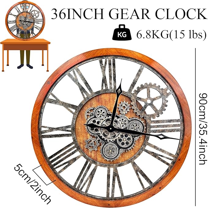 The B-Style 36" Large Moving Gear Wall Clock Oversized Vintage Farmhouse Wall Clocks for Living Room Decor Rustic Industrial Wood Clock (Brwon with Bronze Gears)