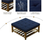 Large Square Ottoman Coffee Table, Linen Solid Upholstered Footrest Ottoman with Solid Wood Shelf Storage Tufted Coffee Table for Bedroom Living Room, Navy Blue