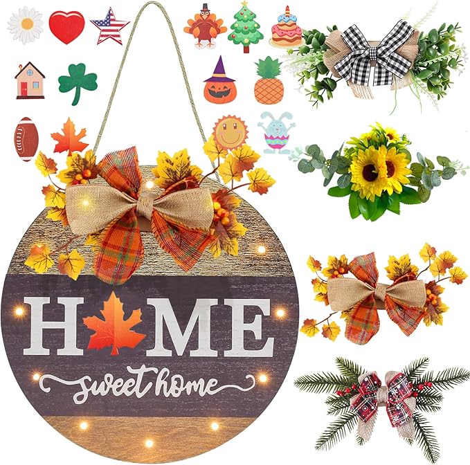 Interchangeable Seasonal Welcome Sign Front Door Decoration with 4 Seasonal Wreaths and LED Light, Rustic Round Wood Wreaths Wall Hanging Outdoor, Farmhouse Front Door Decoration Home Décor