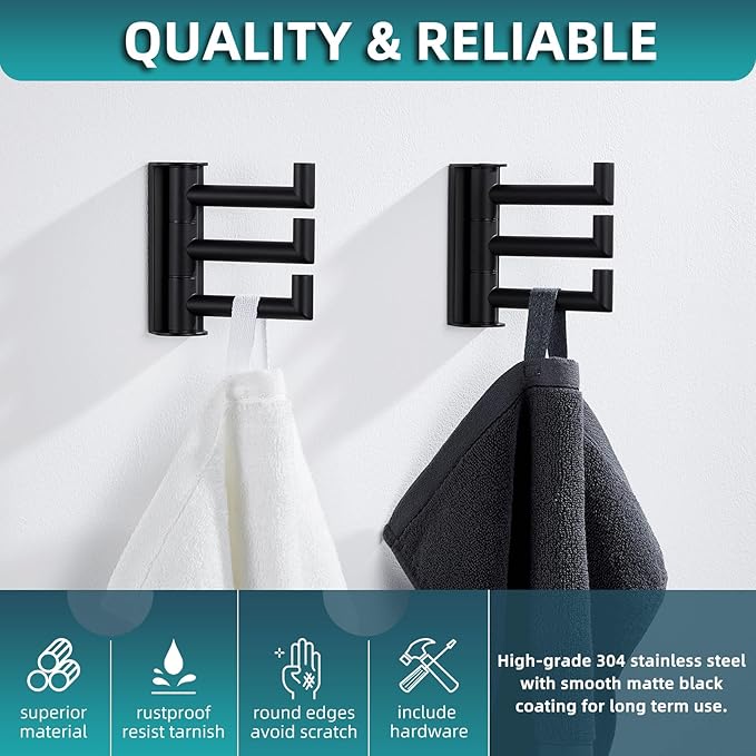 Angle Simple Swivel Towel Hooks for Bathroom, SUS 304 Stainless Steel Foldable 3 Arms Robe Towel Holder, Shower Wall Coat Hooks, Matte Black, 2 Pack
