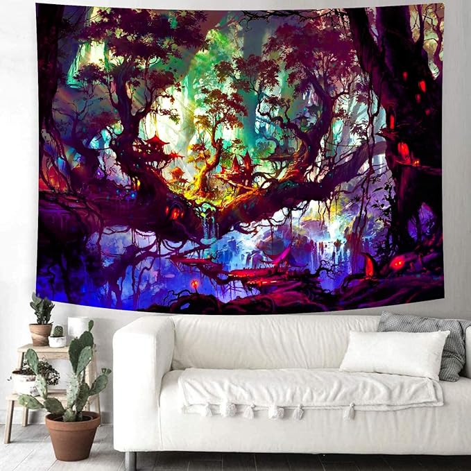 Delur Fantasy Forest Tapestry Mystical Landscape Magical Enchanted Forest Tree Nature Tapestry Psychedelic Wall Hanging Headboard for Bedroom Living Room Home Decor (59.1" x 78.7")