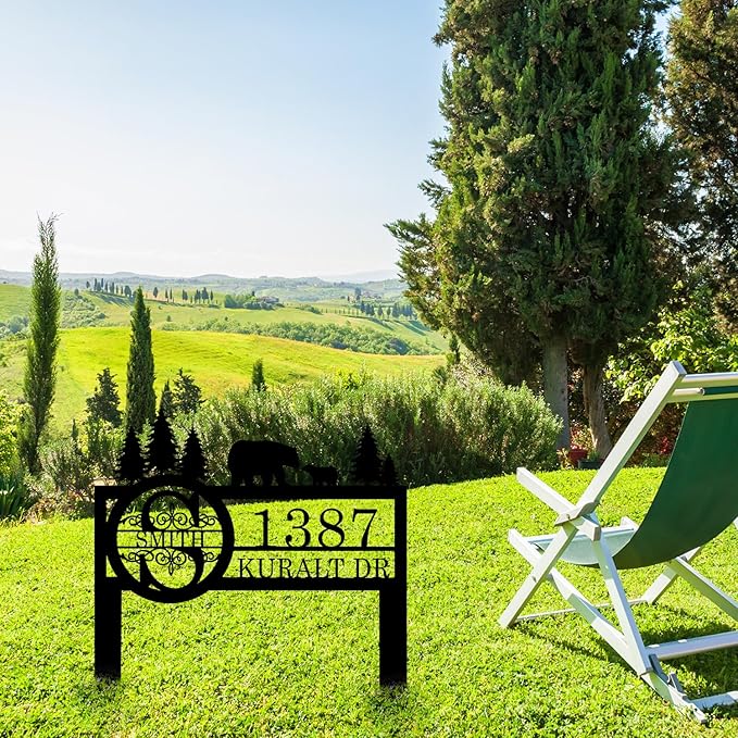 Personalized Custom Bear Wildlife Decor with Metal Stake - Address House Number Name Sign for Farmhouse, Yard, Camping