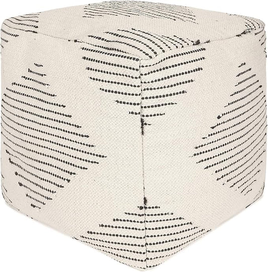 REDEARTH · Tufted Pouf Ottoman with Filler Textured Storage Cube Bean Bag Pouffe Footrest for Living Room, Bedroom, Nursery, Kidsroom; 100% Cotton (17.5"X17.5"X17.5", Loom Story 3 Natural Black)