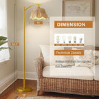Oneach Arc Floor Lamp for Living Room,Rattan Boho Floor Lamp with Hand-Woven Wicker Shade, Foot Switch,Gold Metal Base & Pole,Farmhouse Standing Lamp for Bedroom Corner,Reading