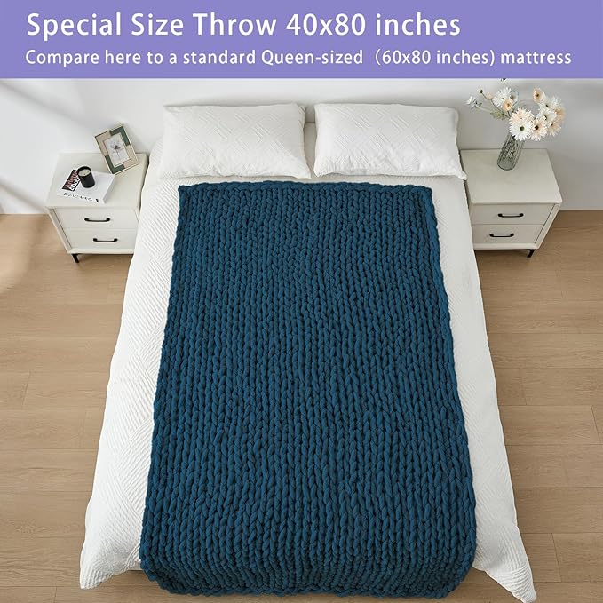 Bigacogo Chunky Knit Throw Blanket for Couch, 40x80 inches, 100% Hand Knitted with Thick Jumbo Chenille Yarn, Cozy Soft Large Rope Knot Cable Crochet Blankets for Sofa Bed Living Room, Deep Sea Blue
