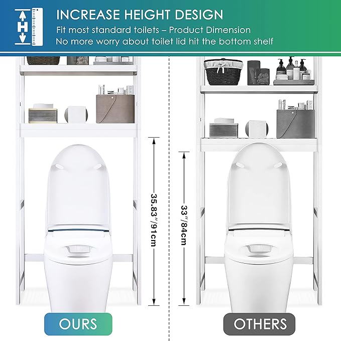 SMIBUY Bathroom Storage Shelf, Bamboo Over-The-Toilet Organizer Rack, Freestanding Toilet Space Saver with 3-Tier Adjustable Shelves (White)