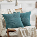Fancy Homi 2 Packs Teal Big Decorative Throw Pillow Covers 24x24 Inch for Living Room Couch Bed, Rustic Farmhouse Boho Home Decor, Soft Corss Corduroy Patchwork Accent Square Cushion Case 60x60 cm