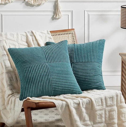 Fancy Homi 2 Packs Teal Big Decorative Throw Pillow Covers 24x24 Inch for Living Room Couch Bed, Rustic Farmhouse Boho Home Decor, Soft Corss Corduroy Patchwork Accent Square Cushion Case 60x60 cm