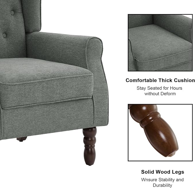 Accent Chair, Upholstered Armchair with Button Tufted High Back & Solid Wood Legs, Comfy Wingback Reading Single Sofa Chair for Small Spaces, Living Room, Bedroom (Grey, Set of 1)