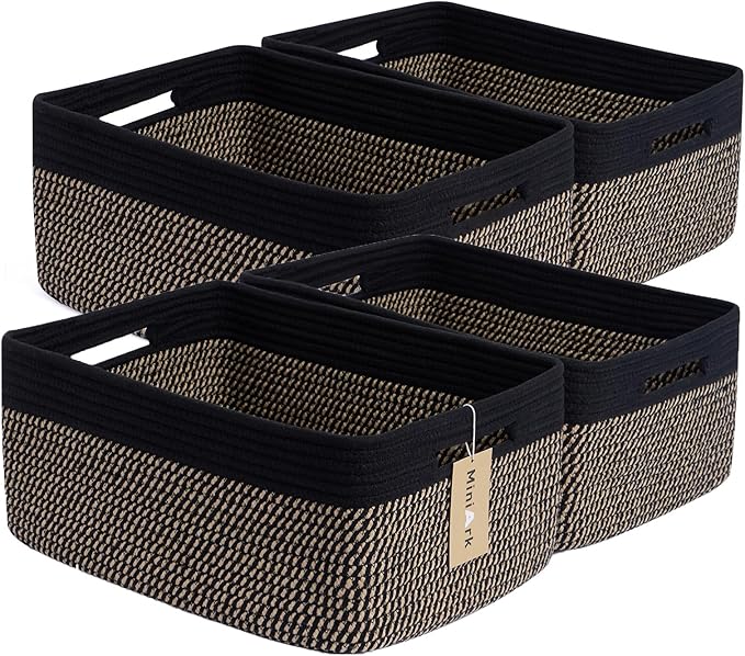 Large Storage Baskets for Organizing, Closet Shelf Baskets for Clothes Blanket Towels, Baby Nursery, Toy Bins Box, Woven Rope Baskets, 17 x 13 x 7.5”, 4 Packs Woven Brown