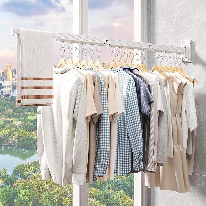Laundry Rack Wall Mounted,Clothes Drying Rack,Drying Rack Clothing,Clothes Rack,Laundry Hanger Rack,Laundry Drying Rack,Drying Rack Wall Mounted,Retractable ,Collapsible,White Color（J-type Hooks）