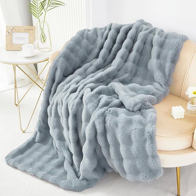 RYNGHIPY Faux Fur Throw Blanket Double Side Thick and Warm for Couch Plush Fluffy Faux Rabbit Fur Decoration for Sofa Chair and Bed Grey Winter Blanket (Grey, 51''x63'')