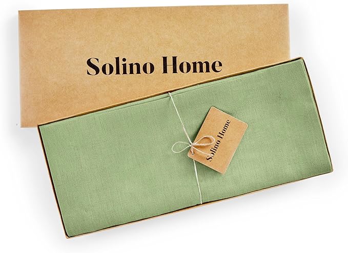 Solino Home Linen Laurel Green Table Runner 144 Inches Long - 100% Pure Linen Extra Long Table Runner 14 x 144 Inch for Fall, Autumn, Thanksgiving - Fete