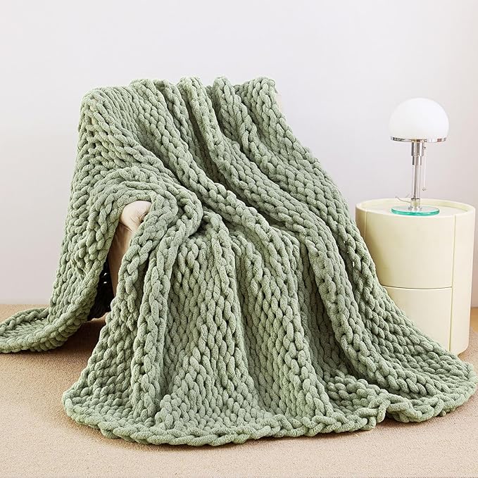 Admitrack Chunky Knit Blanket Throw, 100% Hand Knit Chenille Throw Blanket for Sofa & Home Decor, Soft and Cozy Knitted Throw Blankets (Sage Green, 60""x80""), XNR010