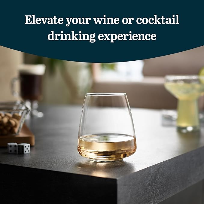 Libbey Stackable Stemless Wine Glasses Set of 6, Tapered Bulb Shaped All Purpose Wine Glass Set, Dishwasher Safe Glass Wine Glasses, Cocktail