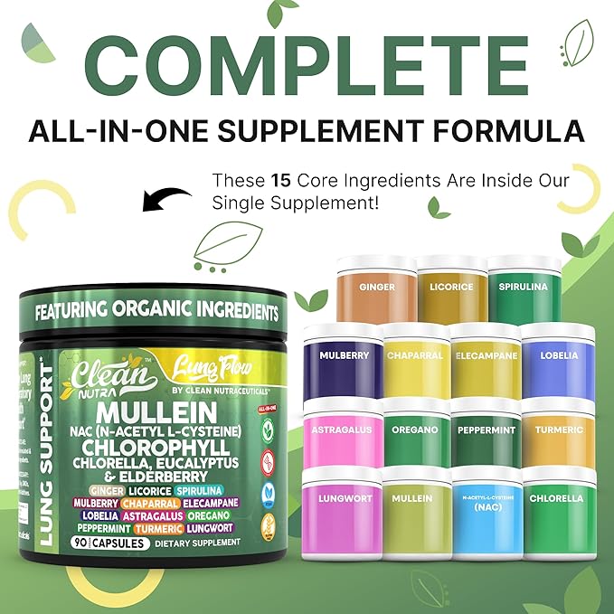 Clean Nutra Mullein NAC Supplement Spirulina Chlorella Ginger Licorice Mulberry Astragalus Root Oregano Turmeric with Chlorophyll Berries Detox Cleanse Respiratory Lung Health 90 Capsules