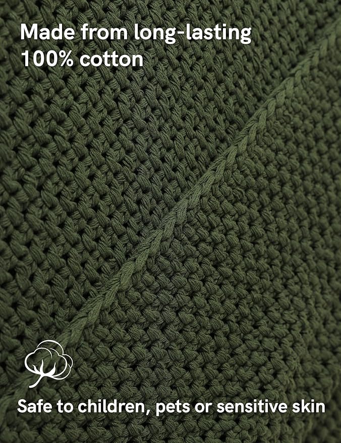 YnM Chunky Cotton Knit Throw Blanket, Cable Knit Throws for Bed Couch Sofa, Comfy & Relaxing, Decorative Piece for Farmhouse Modern Boho Rustic Scandinavian Chic Vibe, Pine Green 60x80 Inches