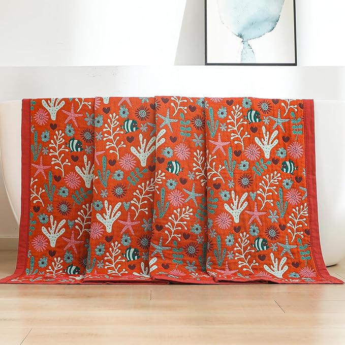 Boho Throw Blanket, 100% Organic Cotton Skin-Friendly Breathable Ultra Soft Bed Quilt Throw - All Season Blue & Red FishFarmhouse Decor Blanket for Sofa Couch Chair and Gift. 60" x 80"